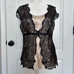Vintage Style Black Floral Lace & Satin Peplum Cami Top Romantic Coquette